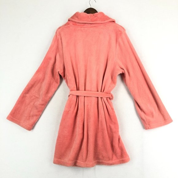Dip Sleepwear Women's Size Large Peach Pink Plush Belted Patch Pocket Bathrobe - Picture 9 of 9